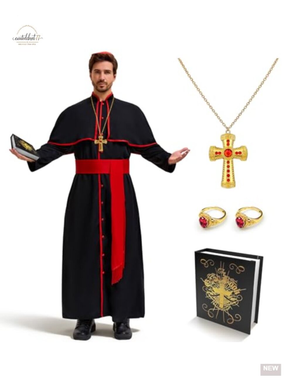 7Pcs Men's Priest Costume Set Robe Bible Cross Ring Halloween Cosplay